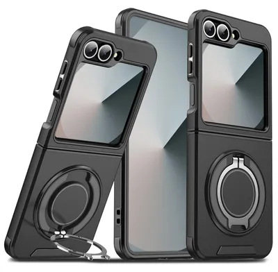 Produktbild von Handyhülle für Samsung Galaxy Z Flip6 / Z Flip7 SE Dual-Layer Stoßfest Militär Hülle mit Magnetisch Ring Ständer Schwarz