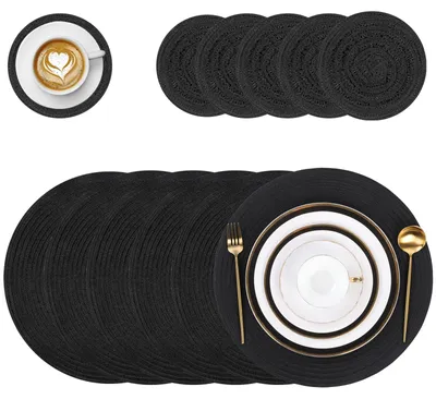 Productafbeelding van Set van 6 placemats en onderzetters - Hittebestendige, ronde katoenen tafelmatten - Geschikt voor eetkamer en keuken - Zwart