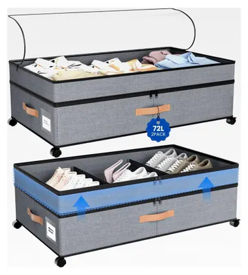 Produktbild von Unterbettkommode mit Rollen, 2 Stück, 72 l, XXL-Unterbett-Schubladen, verstellbare 25,4 cm hohe Schrank-Organizer mit Deckel, große Unterbettboxen für Kleidung, Schuhe, Decken und Spielzeug
