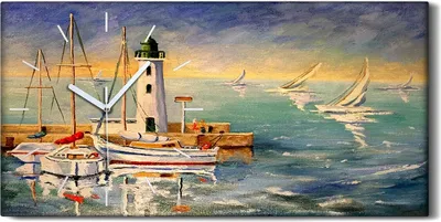 Produktbild von Dekor Leinwand Uhr Wandbilder 60x30 Gemälde Hafen Schiffe Leuchtturm Meer Kunst - weiße Hände