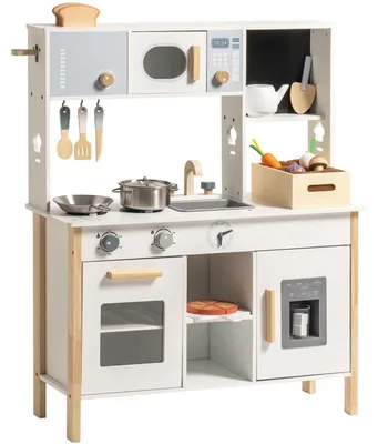 Image de Cuisine de jeu en bois pour enfants, avec accessoires et jouets représentant des aliments