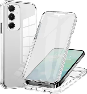 A clear phone case is shown in two configurations: one showing the back of a phone inside the case, and another showing the phone being placed into the case.