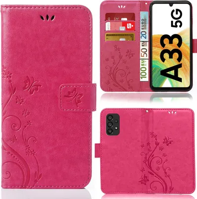 Collage of a pink phone case for a Samsung Galaxy A33 5G, showing different views and features.