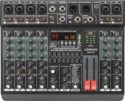 Immagine prodotto di Mixer audio, EQ a 7 bande, uscita USB 2 AUX, connettore UE a 6 canali
