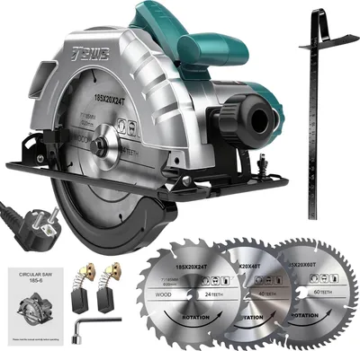 Produktbild von 1200W Tischkreissäge mit 5200 U/min – 185mm Hartmetall-Sägeblatt-Set (24T/40T/60T), bis 60mm Schnitttiefe, 0-45° Schrägschnitt, Aluminiumfuß, Werkbankmontage