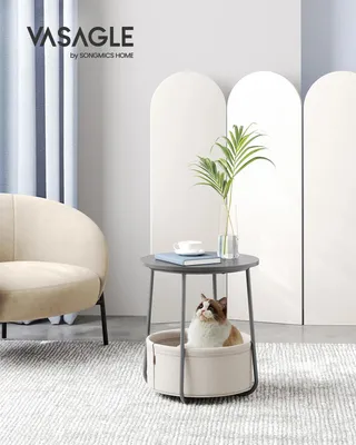 Produktbild von Beistelltisch - Runder Couchtisch - Klein - Mit Stoffkorb - Stauraum - Wohnzimmer - Grau