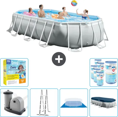 Produktbild von Intex Oval Prism Frame Swimmingpool – 503 x 274 x 122 cm – Grau – inklusive Pumpe – Leiter – Bodenplane – Abdeckung Wartungspaket - Filter