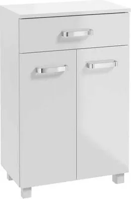 A white, glossy bathroom cabinet with a drawer and two doors, standing on four short legs.