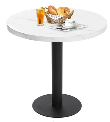 Immagine prodotto di Tavolo rotondo da pranzo, diametro 80 cm, finitura effetto marmo bianco, struttura in MDF e metallo