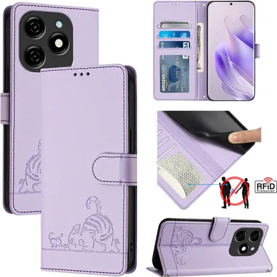 Produktbild von Leder Hülle für Tecno Spark 20 Süße Katze Flip Case Brieftasche Schutzhülle mit Standfunktion Lila