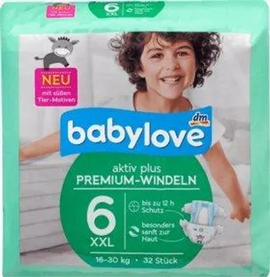 Zdjęcie produktu dla babylove Pieluchy Premium Active plus rozmiar 6, XXL 16-30 kg, 1 x 32 szt