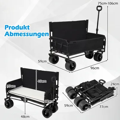 Obrázek produktu pro Skládací plážový vozík se sedákem, nastavitelná rukojeť, černá