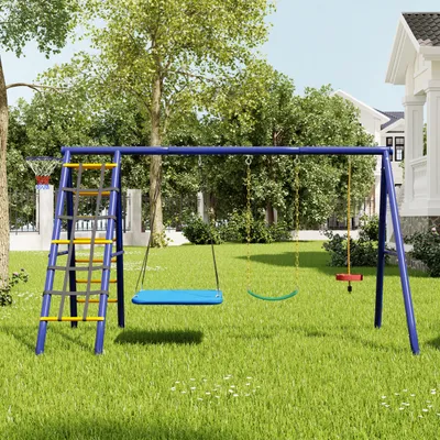 Produktbild von Flieks hrací věž houpačka 5 v 1, dětská venkovní houpačka, houpací rám se 3 dětskými houpačkami, prolézačkou a basketbalovým košem