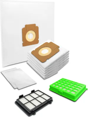 A collection of vacuum cleaner bags and filters are displayed on a white background.