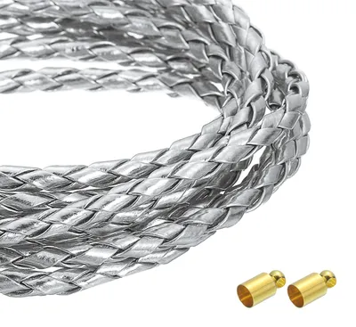 Image de Cordon en cuir tressé - Diamètre de 4 mm et longueur de 5,46 mètres - Pour la fabrication de bijoux et de colliers - Argenté