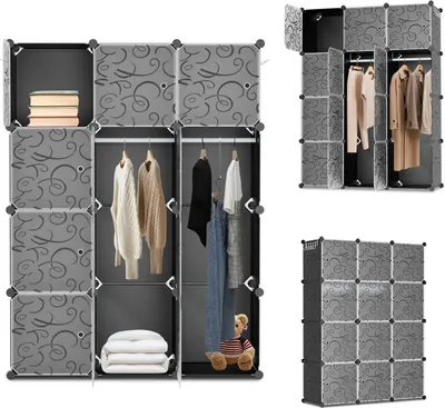 Produktbild von Clanmacy 12/16/20 Fächer DIY Kleiderschrank Regalsystem Standregal mit Tür aus Kunststoff Aufbewahrung Schrank Garderobenschrank - 12 Fächer