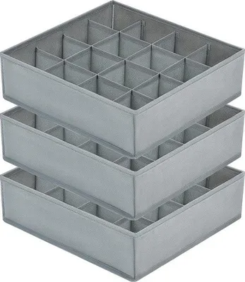 Obrázok produktu pre Uniqoos® Organizér s 3 zásuvkami (3 × 16 priehradiek, celkovo 48) – skladací organizér na ponožky a spodné prádlo, 30 × 30 × 9 cm, priehradka 7,7 × 7,5 × 9 cm, sivý, materiál: netkaná textília s PP výplňou