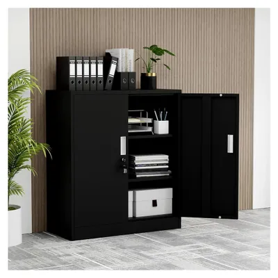 Produktbild von Aktenschrank aus Metall mit verschließbaren Türen und 2 verstellbaren Regalen 92x80x40cm (Schwarz)