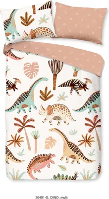 A flat lay of a duvet cover and pillowcase set with a dinosaur and tropical plant print.
