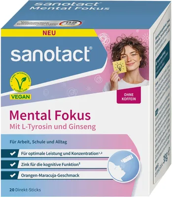 Produktbild von sanotact® Mental Fokus Direkt-Sticks – Mit L-Tyrosin, Ginseng & Zink | B-Vitamine für Energie & Konzentration