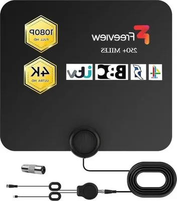 Immagine prodotto di Antenna digitale da interno - Portata oltre 250 miglia - Ricezione a 360° - Ultra sottile - Migliorata 4K 1080p HD VHF UHF - Antenna TV Freeview con amplificatore - Cavo da 37 m.