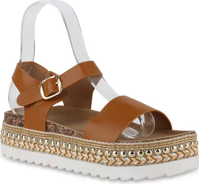 Produktbild von VAN HILL Damen Plateau Sandaletten Nieten Ethno Look Schuhe 841032, Farbe: Hellbraun, Größe: 38