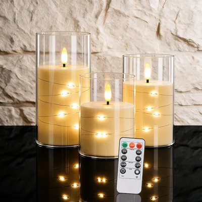 Image de ISOISL, ensemble de 3 bougies LED avec guirlande lumineuse et télécommande, sans flamme, lumière blanc chaud, avec des gobelets en acrylique transparent