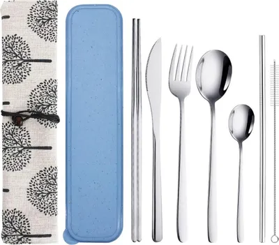 Produktbild von Tragbares Besteckset - Wiederverwendbar und Kompakt - 9 Teile - Silber - Edelstahl