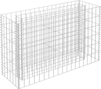 A wireframe illustration of a gabion raised garden bed.
