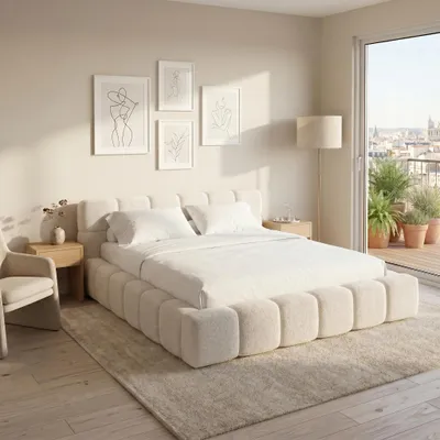 Produktbild von MUFFO Polsterbett AMITY 160x200 cm in Creme, gepolstertes Kopfteil, Lattenrost, Bettkasten, Bouclé-Stoff