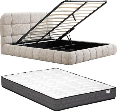 Produktbild von Bett mit Stauraum 140 x 190 cm – Bouclé-Stoff – Beige + Matratze - FORIOSY