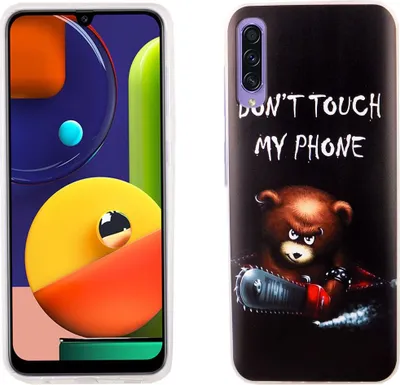 Productafbeelding van Samsung Galaxy A50s telefoonhoesje, beschermende case, cover, bumper met de tekst "Raak mijn telefoon niet aan" en een afbeelding van een beer