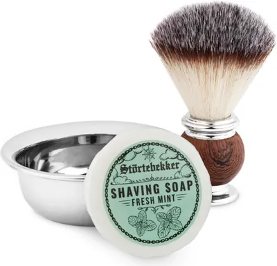 Produktbild von Störtebekker® Rasierpinsel Set - Bestehend aus veganem Rasierpinsel, Rasierschale und Rasierseife (Fresh Mint Duft) - inkl. hochwertiger Verpackung