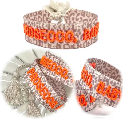 Produktbild von LS-LebenStil Canvas Statement Armband Prosecco Baby Leopard besticktes Stoffarmband gewebt textiles Quasten Spruch Boho Geschenk Freundschaftsarmband