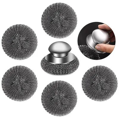 Produktbild von 6 Stš¹ck Geschirrschwamm Edelstahl Topfreiniger Spirale Scheuerreiniger Stahlschwamm, Schwamm Topfkratzer,1 Bš¹rste + 5 Ersatzk?pfe