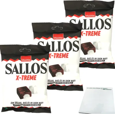 Produktbild von Sallos X Treme Hartkamellen mit Lakritz Salmiak Salz Füllung 3er Pack (3x150g Tüte) + usy Block