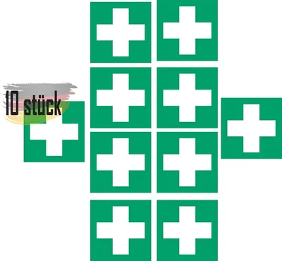 Obrázok produktu pre Sada Nálepiek Prvej Pomoci 10 ks, 5x5 cm, UV-odolné, pre Núdzový Východ, DIN 7010