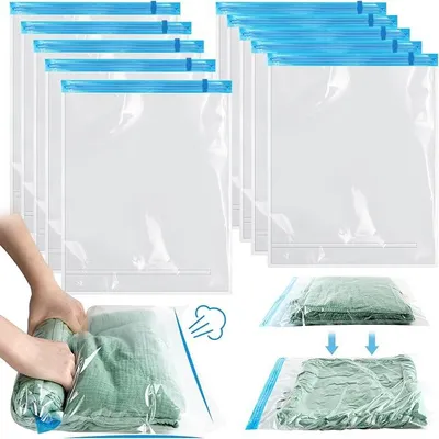 Produktbild von PolkaHome® Vakuumbeutel für Reisen, 10 Stück (40 x 60 cm) – Platzsparende Reise-Vakuumbeutel für Kleidung, Wiederverwendbare