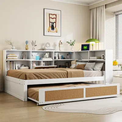 Image de Canapé-lit Sweiko 140x200 avec lit gigogne Lit simple Lit d'enfant avec de nombreux compartiments de rangement et prise de charge Blanc