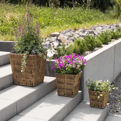 Produktbild von di volio Pflanzkübel Set TORA 3 quadratische Polyrattan Blumentöpfe Braun