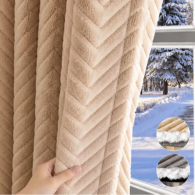 Produktbild von 2er Set Thermovorhang Kälteschutz Kräuselband Stangendurchzug, Verdunklungsvorhang Flanell Blickdicht 350g/m² Wohnzimmer Schlafzimmer 140x213cm Beige