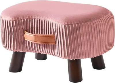 Imagen del producto de Taburete con asa Unyqoos®: diseño curvo con cojín de asiento suave, tapizado en terciopelo rosa, madera maciza, diseño que ahorra espacio, 40 x 28 x 23 cm