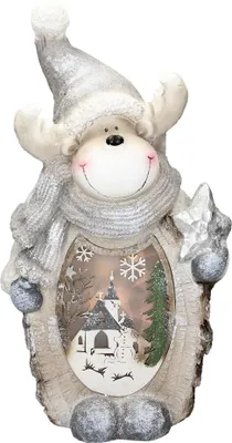 Produktbild von ECD Germany Rentier mit LED Beleuchtung 51 cm Warmweiß Weihnachtsfigur Weiß mit grauem Hut und Schal Holzoptik Batteriebetrieben Innen Weihnachtsdeko