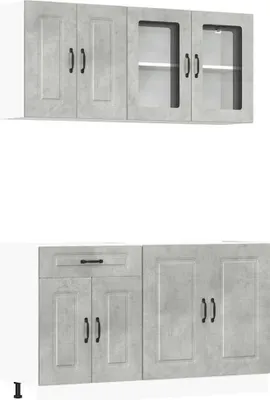 A set of kitchen cabinets shown against a white background.