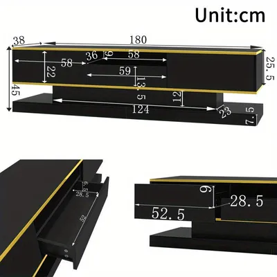 Immagine prodotto di Mobile TV – Mobile TV con ante – Nero lucido con dettagli dorati – Illuminazione a LED – 180x38x45 cm