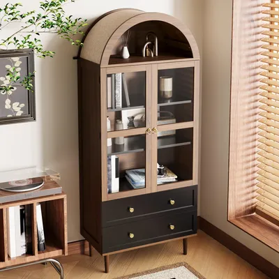 Image de OKWISH Buffet Moderne avec Portes en Verre Courbé et Étagères Réglables - Meuble de Rangement Salon Entrée - MDF - 70x38x168 cm - Noyer