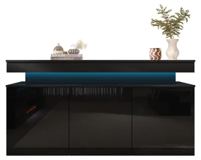 Produktbild von MIRJAN24 Kommode 3D 160 Glossa, Highboard mit drei Drehtüren, Sideboard mit blauer LED-Beleuchtung (Farbe: Schwarz / Schwarz Hochglanz)