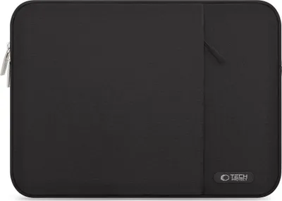 A black laptop sleeve is shown flat against a white background.