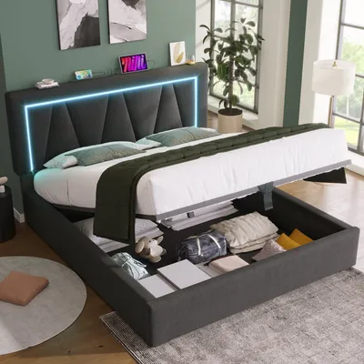 Produktbild von Odikalo Polsterbett 140x200  LED Doppelbett mit USB Typ C +LED,Stauraumbetten Bettgestell aus Leinenmaterial Jugendbett mit lattenrost,Ohne Matratze