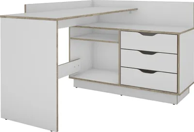 A white corner desk with three drawers and open shelves, shown from a slightly elevated angle against a white background.
